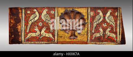 Gothic decorative painted beam panels with doves, hares and a carved syalise tree, Tempera on wood. National Museum of Catalan Art (MNAC), Barcelona,  Stock Photo
