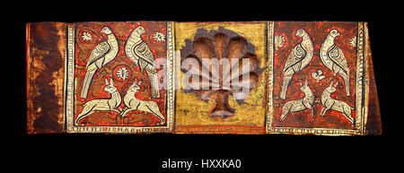Gothic decorative painted beam panels with doves, hares and a carved syalise tree, Tempera on wood. National Museum of Catalan Art (MNAC), Barcelona,  Stock Photo
