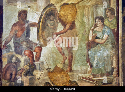 Roman fresco wall painting of Thetsis looking at her reflection in a golden shield that Hephaistos has made for Achilles, Pompeii IX 1.7, inv 9529, Stock Photo