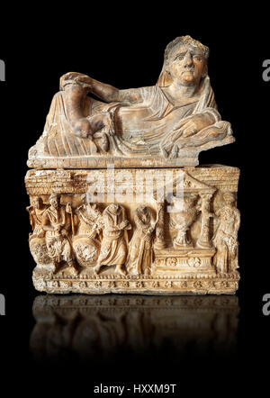 Etruscan Hellenistic style cinerary, funreary, urn , inv no 5774,  National Archaeological Museum Florence, Italy , black background Stock Photo