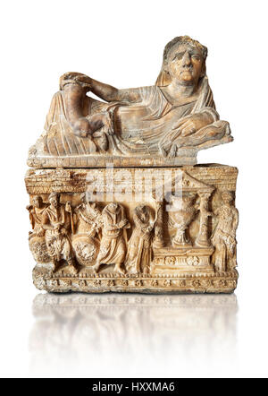 Etruscan Hellenistic style cinerary, funreary, urn , inv no 5774,  National Archaeological Museum Florence, Italy , white background Stock Photo