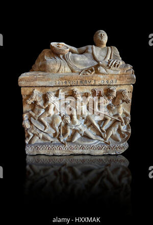 Etruscan Hellenistic style cinerary, funreary, urn ,  National Archaeological Museum Florence, Italy , black background Stock Photo