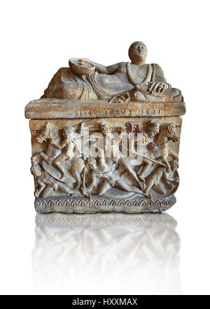 Etruscan Hellenistic style cinerary, funreary, urn ,  National Archaeological Museum Florence, Italy, white background Stock Photo