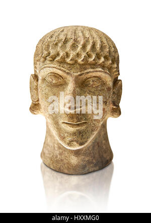 First half of the 6th century B.C Etruscan clay head of a young man made in Chiusi, inv 94612, National Archaeological Museum Florence, Italy , white  Stock Photo