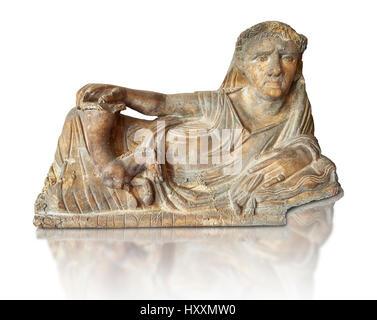 Etruscan Hellenistic style cinerary, funreary, urn  cover,  National Archaeological Museum Florence, Italy , white background Stock Photo