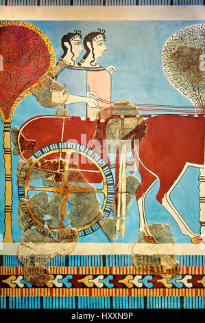 Mycenaean Fresco wall painting of a chariot from the Tiryns, Greece. 14th - 13th Century BC. Athens Archaeological Museum. Stock Photo