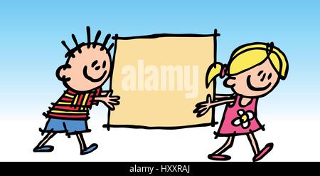 Happy Kids Holding Sign. Vector Illustration. Stock Vector