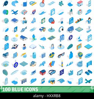 100 blue icons set, isometric 3d style Stock Vector