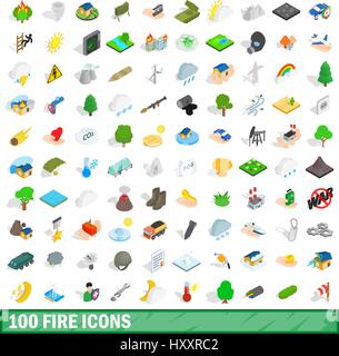 100 fire icons set, isometric 3d style Stock Vector