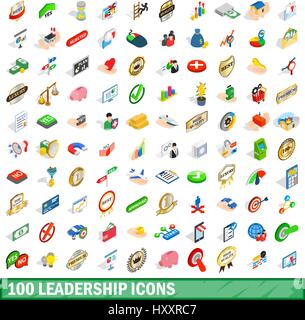 100 leadership icons set, isometric 3d style Stock Vector