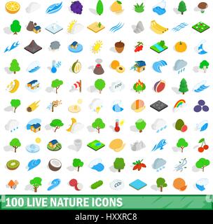 100 live nature icons set, isometric 3d style Stock Vector