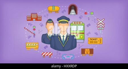 Railway stuff horizontal banner, cartoon style Stock Vector