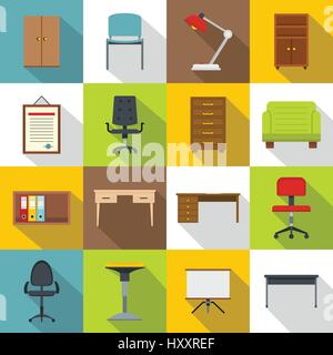 Office furniture icons set, flat style Stock Vector