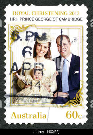 AUSTRALIA - CIRCA 2013: A used postage stamp from Australia, celebrating the Christening of HRH Prince George of Cambridge, pictred with his parents W Stock Photo