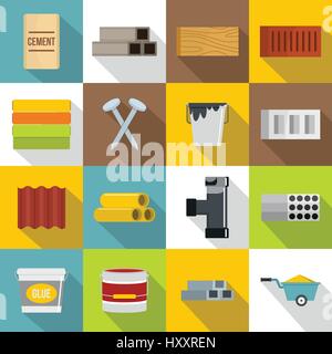 Building materials icons set, flat style Stock Vector