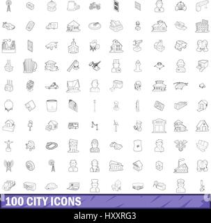 100 city icons set, outline style Stock Vector