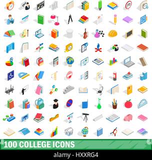 100 college icons set, isometric 3d style Stock Vector