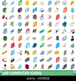 100 computer icons set, isometric 3d style Stock Vector