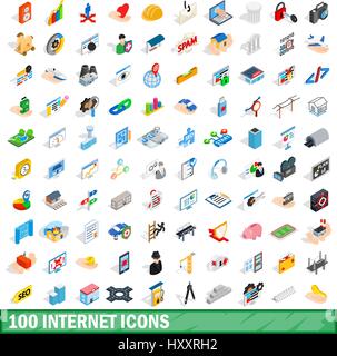 100 internet icons set, isometric 3d style Stock Vector