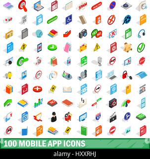 100 mobile app icons set, isometric 3d style Stock Vector