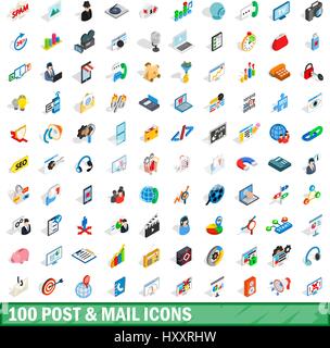 100 post and mail icons set, isometric 3d style Stock Vector