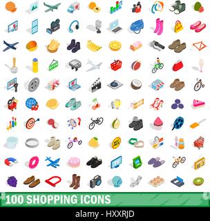 100 shopping icons set, isometric 3d style Stock Vector