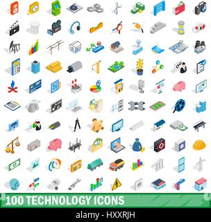 100 technology icons set, isometric 3d style Stock Vector