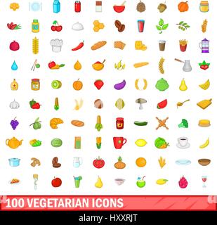100 vegetarian icons set, cartoon style Stock Vector