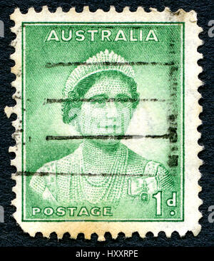 AUSTRALIA - CIRCA 1937: A used postage stamp from Australia, depicting a portrait of Elizabeth Bowes Lyon, later affectionately known as the Queen Mot Stock Photo