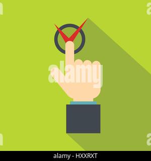Hand finger pressing button with red tick icon Stock Vector
