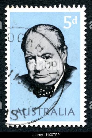 AUSTRALIA - CIRCA 1965: A used postage stamp from Australia, depicting a portrait of former British Prime Minister Sir Winston Churchill, circa 1965. Stock Photo