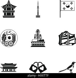 Tourism in South Korea icons set, simple style Stock Vector