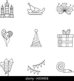 Holiday icons set, outline style Stock Vector