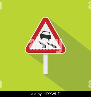 Slippery when wet road sign icon, flat style Stock Vector