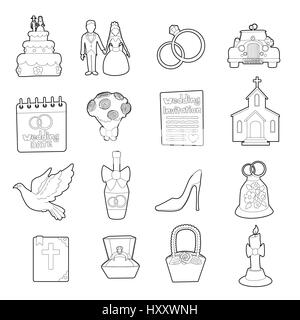 Wedding icons set, ouline cartoon style Stock Vector