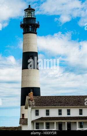 Bodie Island light house in the Outer Banks of North Carolina. Interesting black and white design with blue sky in the background. Stock Photo