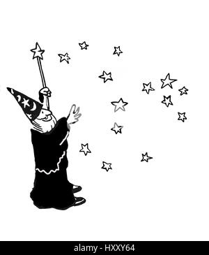 Cartoon illustration of a wizard granting wishes.