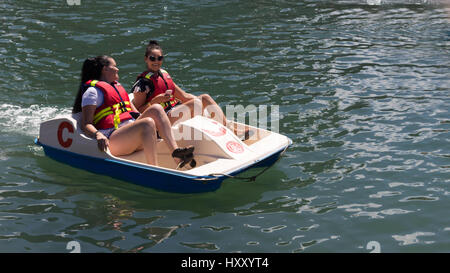 Wellington, New Zealand - February 11, 2017: Two girls on a pedal boat at the Wellington waterfront talking and using a pink mobile. Stock Photo