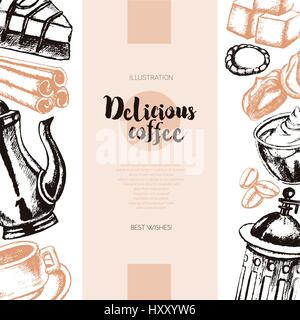 Delicious Coffee - color hand drawn composite banner. Stock Vector