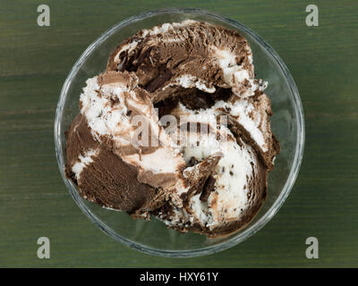 Chocolate and Vanilla Ice Cream In a Bowl Against a Green Background Stock Photo
