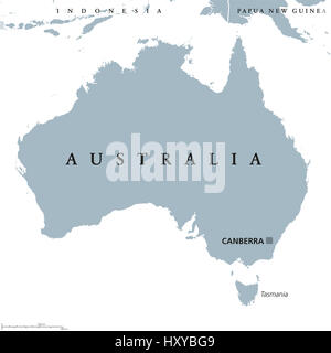 Australia political map with capital Canberra. Commonwealth and country, the mainland of the Australian continent and Tasmania. Gray illustration. Stock Photo