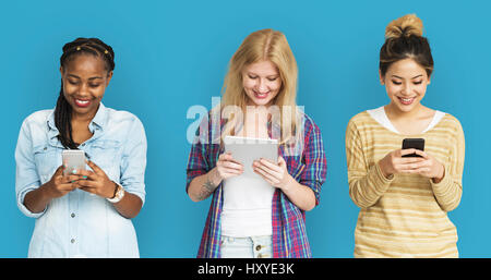 Friends Using Tablet Technology Phone Stock Photo