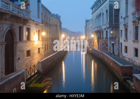 Foggy dawn in sestiere of Dorsoduro, Venice. Stock Photo