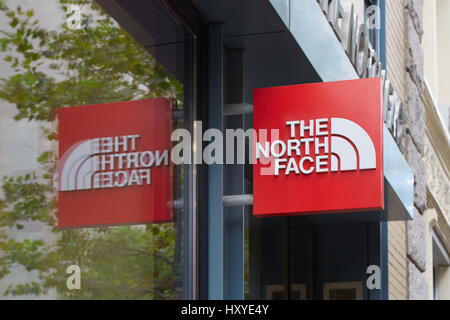 The North Face red store sign in Wooster Street in New York. The North Face Inc. is an outdoor company specialized in outerwear Stock Photo