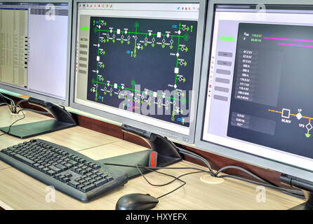 Computers and monitors with schematic diagram for supervisory, control and data acquisition in modern electrical control room Stock Photo