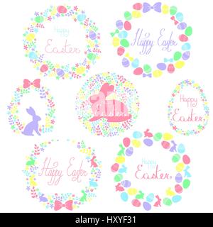 A set of vector festive Easter wreaths and round elements in a delicate pastel palette, consisting of decorated eggs, silhouettes of Easter bunnies, p Stock Vector