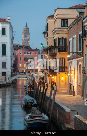 Night falls in sestiere of Dorsoduro, Venice, Italy. Stock Photo