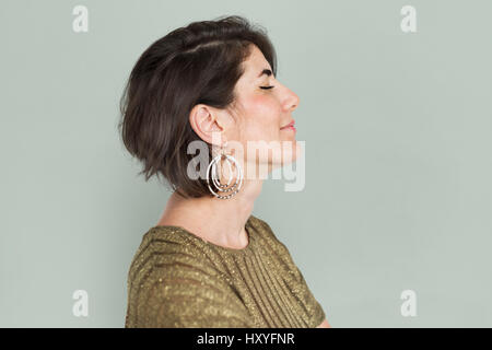 Caucasian Lady Smiling Happy Side View Stock Photo