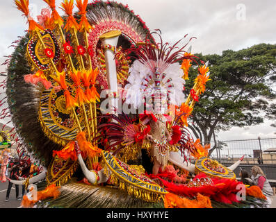 Woman in elaborate costume on enormous decorated float in Tenerife carnival parade Stock Photo