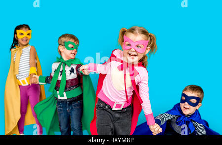 Little Kids Dressing Superhero Hold Hands Stock Photo